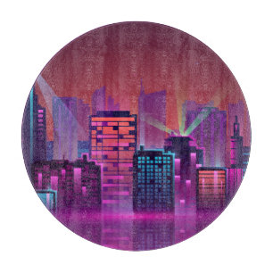 Helle neon Nacht Stadtlandschaft, vintage. Schneidebrett