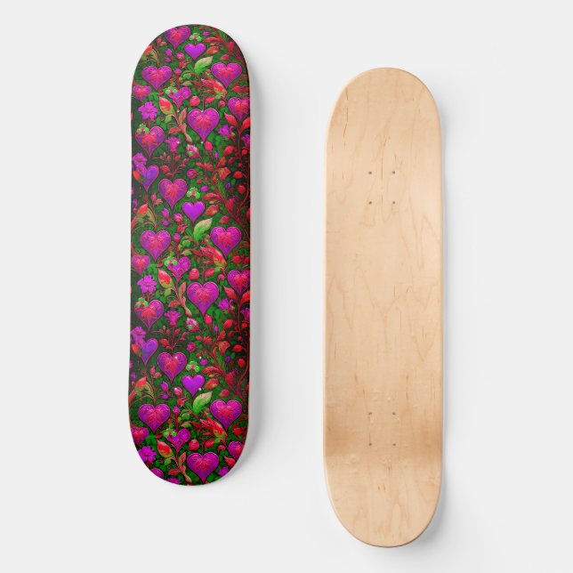 Helle Neon Rosa Herzen und grüne Blüte Skateboard (Vorderseite)
