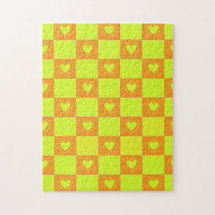 Helle Orange-Grüne Karierte Fliese Mit Herzen Puzzle