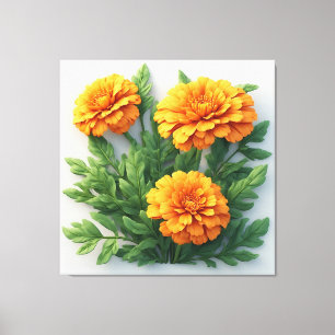 Helle orange Tagetes-Blumen mit grünen Blättern Leinwanddruck