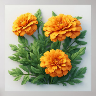 Helle orange Tagetes-Blumen mit grünen Blättern Poster