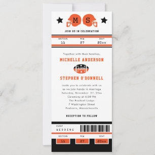 Helle Orange und Black Football Ticket Hochzeit Einladung