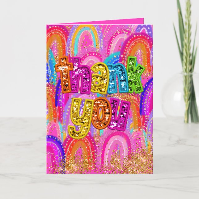 Helle Pailletten Buchstaben Regenbogen Dankeskarte (Vorderseite)