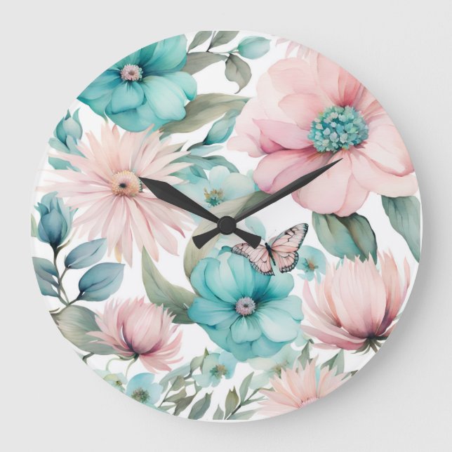 Helle Pastel Pink Blauer Blumen Florals von Ava Große Wanduhr (Vorderseite)