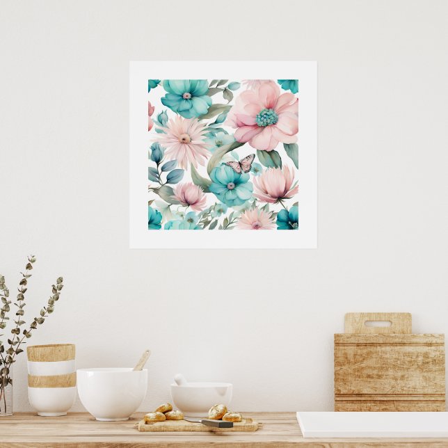 Helle Pastel Pink Blauer Blumen Florals von Ava Poster (Küche)