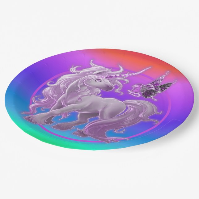 Helle Pastel Rainbow Pink Unicorn Pappteller (Schrägansicht)
