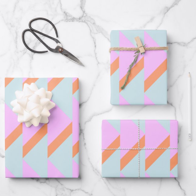 Helle Pastel Retro Geometrisches Muster Pink Aqua Geschenkpapier Set (Vorderseite)