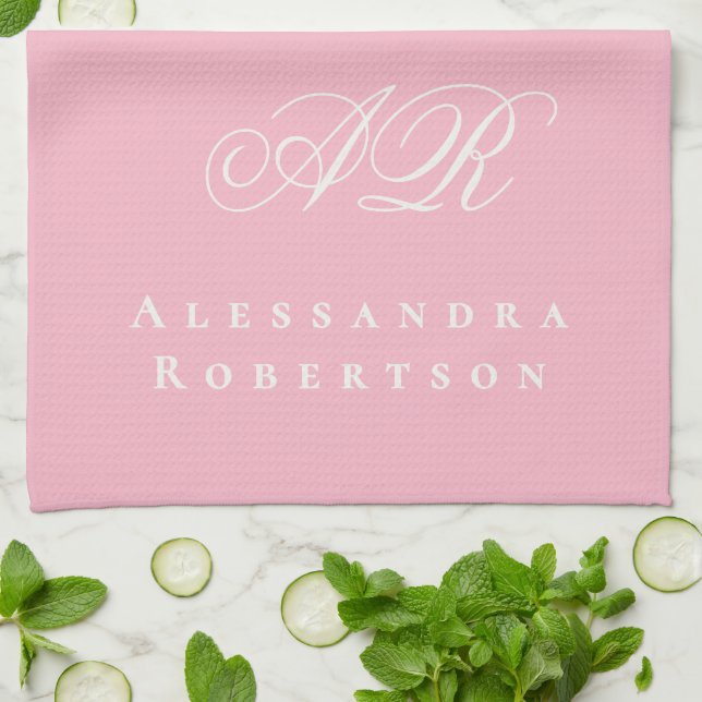 Helle Pfingstrosé Monogramm Name Minimalistisch St Geschirrtuch (Gefaltet)