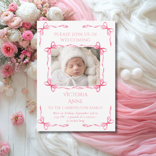 Helle Pink Bows Baby Foto Geburtserklärung Ankündigung