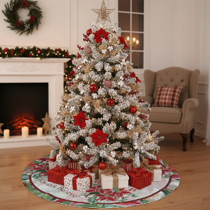 Helle Poinsettien und heilige Weihnachten Polyester Weihnachtsbaumdecke