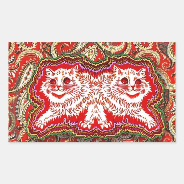 Helle Psychedelic Red Cats (von Louis Wain) Rechteckiger Aufkleber (Vorderseite)
