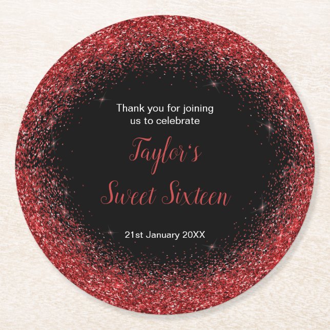 Helle Red Dress Imitate Glitzer Sweet 16 Geburtsta Runder Pappuntersetzer (Vorderseite)