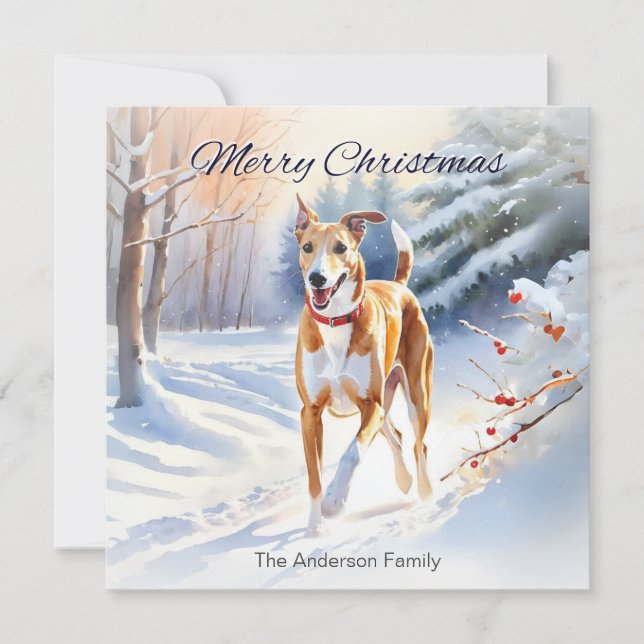 Helle Red Fawn Greyhound Hund in Schnee Weihnachte Feiertagskarte (Vorderseite)