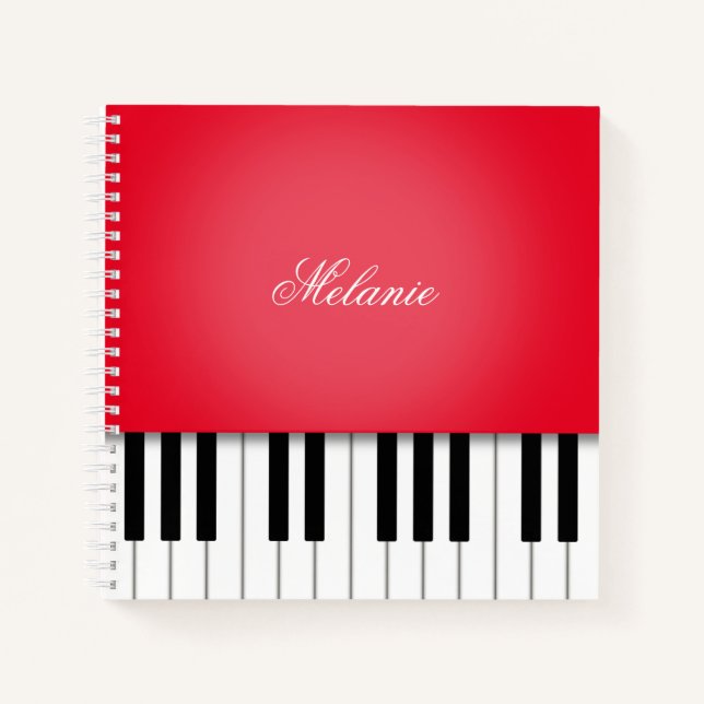 Helle Red Piano Music Keyboard Personalisiert Notizbuch (Vorderseite)