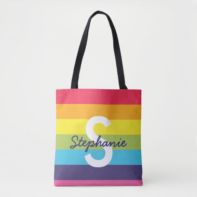 Helle Regenbogen-Streifen-Initialen-Namen-Tasche (Vorderseite)