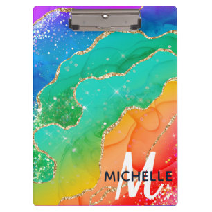 Helle Regenbogen- und Gold-Faux-Glitter-Agate-Mono Klemmbrett