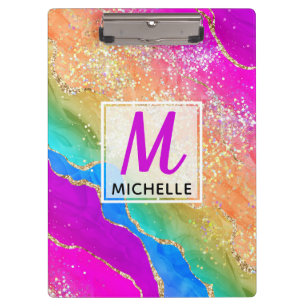 Helle Regenbogen- und Gold-Faux-Glitter-Agate-Mono Klemmbrett