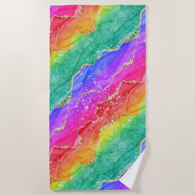 Helle Regenbogen und Gold Imitat Glitzer Agate Strandtuch (Vorderseite)