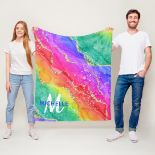 Helle Regenbogenfarben und goldene Imitat Glitzer  Fleecedecke