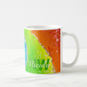 Helle Regenbogenfarben und goldene Imitat Glitzer  Kaffeetasse