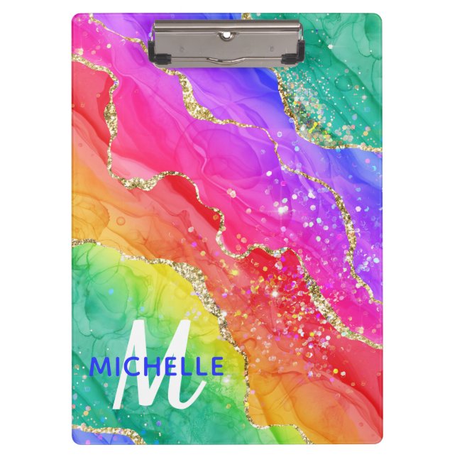 Helle Regenbogenfarben und goldene Imitat Glitzer  Klemmbrett (Vorderseite)