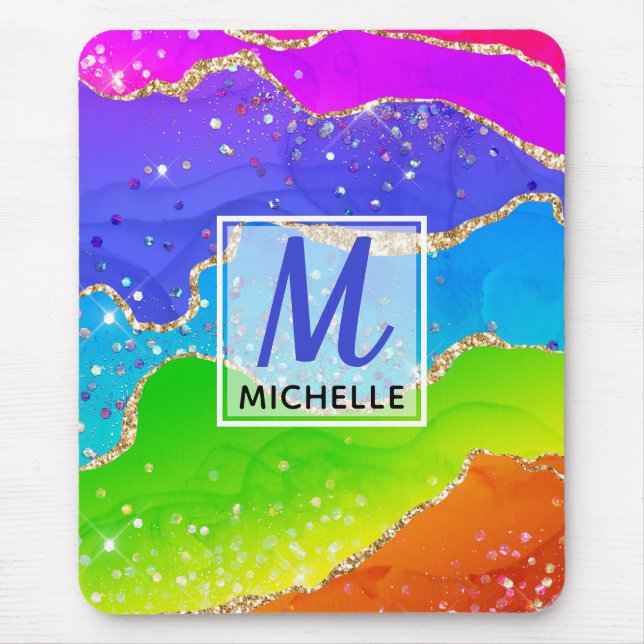 Helle Regenbogenfarben und goldene Imitat Glitzer  Mousepad (Vorne)
