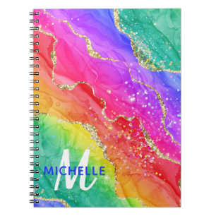 Helle Regenbogenfarben und goldene Imitat Glitzer  Notizblock