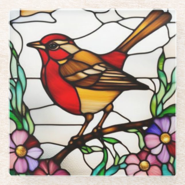 Helle Robin in Buntglas Glasuntersetzer (Vorderseite)