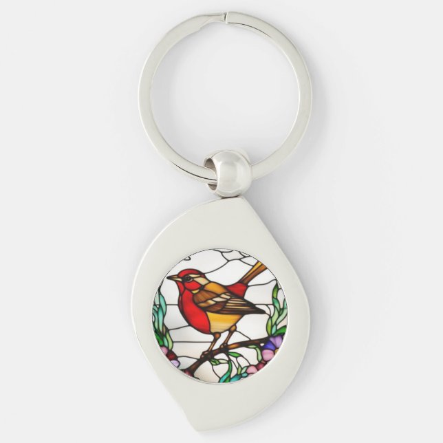 Helle Robin in Buntglas Schlüsselanhänger (Vorderseite)