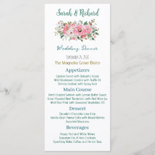 Helle rosa Blumenhochzeit Menükarte