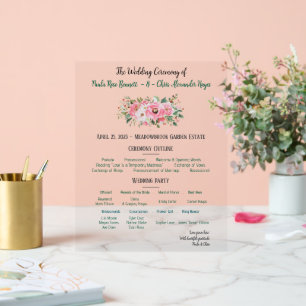 Helle rosa Blumenhochzeitsprogramm Acrylschild