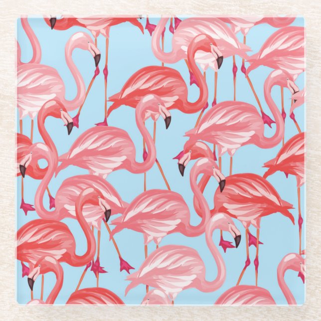 Helle rosa Flamingos auf Blau 2 Glasuntersetzer (Vorderseite)