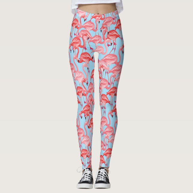 Helle rosa Flamingos auf Blau 2 Leggings (Vorderseite)