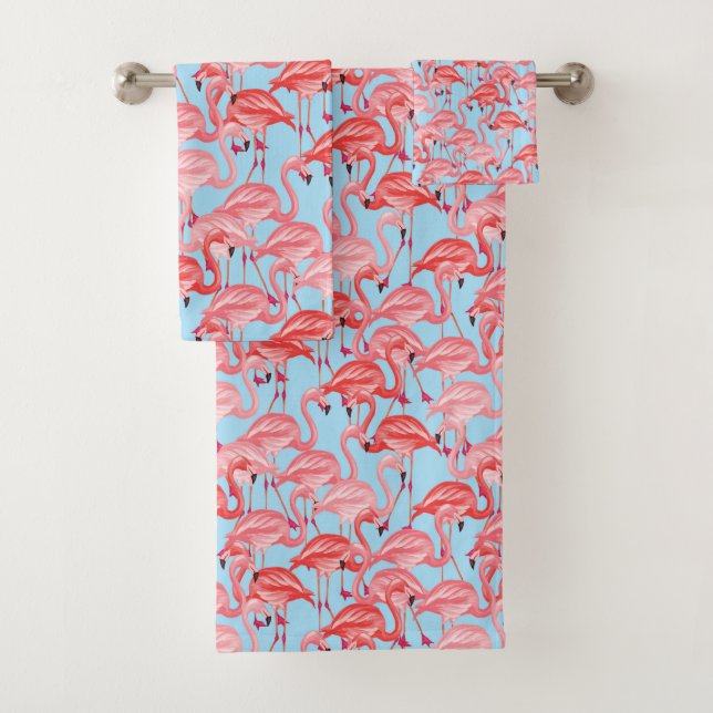 Helle rosa Flamingos auf Blau Badhandtuch Set (Insitu)