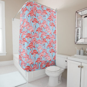 Helle rosa Flamingos auf Blau Duschvorhang
