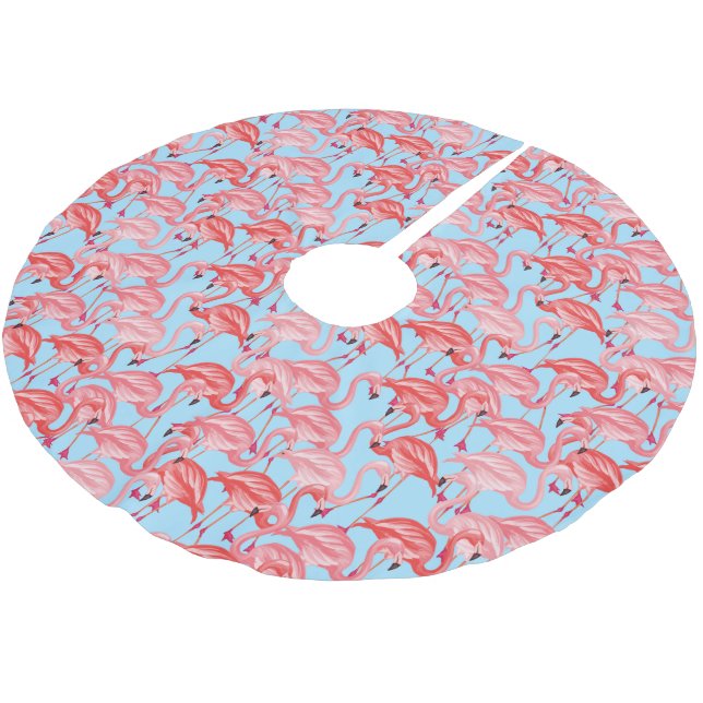 Helle rosa Flamingos auf Blau Polyester Weihnachtsbaumdecke (Schrägansicht)