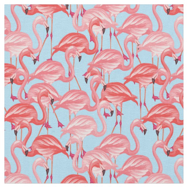 Helle rosa Flamingos auf Blau Stoff (Nahaufnahme)