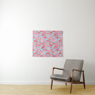 Helle rosa Flamingos auf Blau Wandteppich