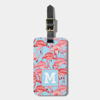 Helle rosa Flamingos auf Monogramm des Blau-| Gepäckanhänger