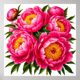 Helle rosa Pfingstrosenbouquet mit grünen Blättern Poster