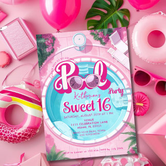 Helle rosa Poolparty Mädchen süße 16 Sechzehn Einladung