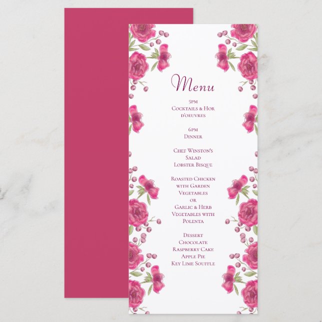 Helle rosa Rosen Hochzeitsmenüs Menükarte (Vorne/Hinten)