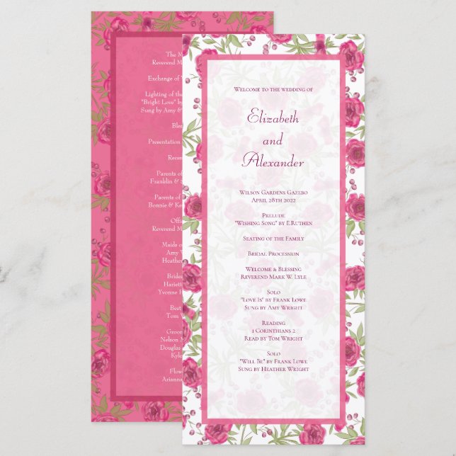 Helle rosa Rosen Hochzeitsprogramme Menükarte (Vorne/Hinten)