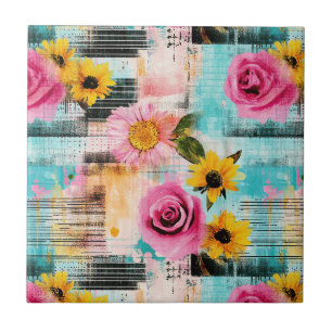 Helle rosa Rosen und Sonnenblumen auf abstraktem H Fliese