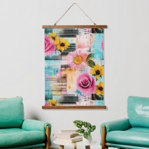 Helle rosa Rosen und Sonnenblumen auf abstraktem H Wandteppich Mit Holzrahmen