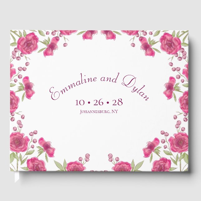 Helle Rosa Rosenhochzeit Gästebuch (Vorderseite)