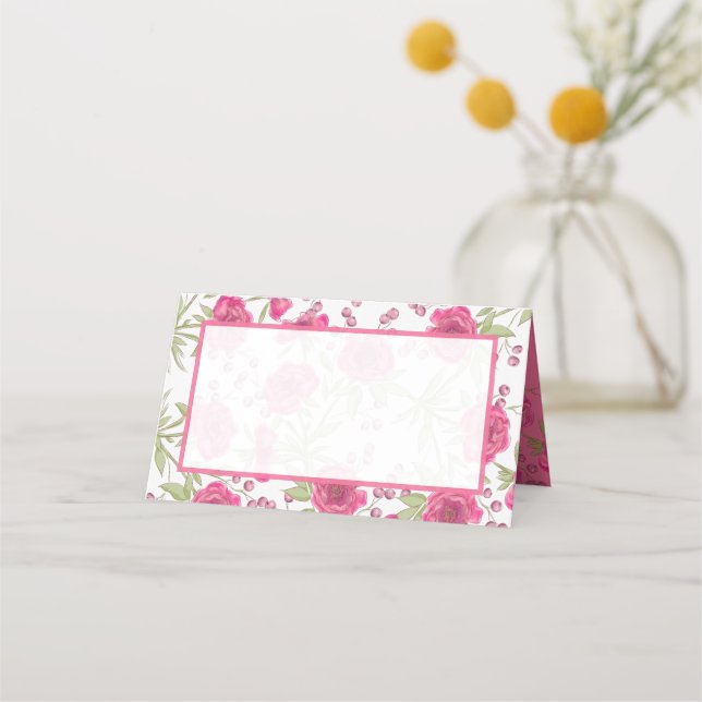 Helle rosa Rosenhochzeit Platzkarte (Vorderseite)