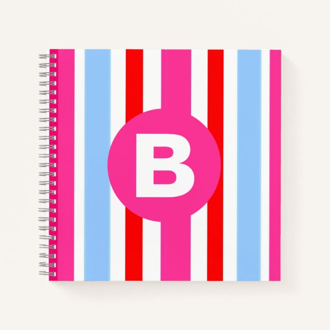 Helle rosa und blaue Candy-Streifen mit Monogramm Notizbuch (Vorderseite)