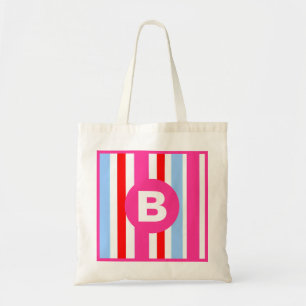 Helle rosa und blaue Candy-Streifen mit Monogramm Tragetasche