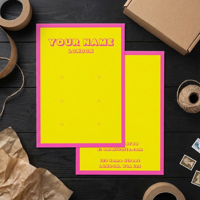 Helle, rosa und gelbe Ohrring-Grafikkarte (Bright neon pink and yellow earring display card.)